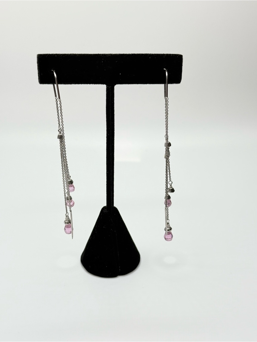 Silver Drop Thread Chain Earrings with Pink Glass Beads